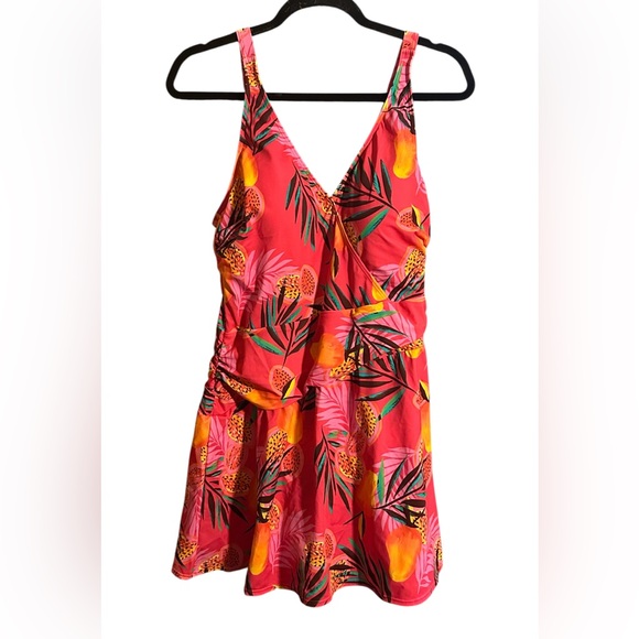 Denim&Co. Beach Diagonal Ruched Waist Swim Dress. Vibrant Fuchsia. Size 12 NWOT - Picture 1 of 9